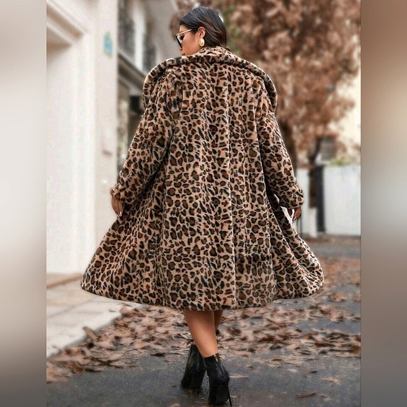New Luxe Leopard Print Faux Fur Fluffy Coat Jacket PLUS Brown Black Tan - Picture 6 of 9